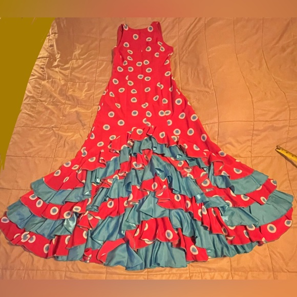 Red and Blue Flamenco Dress Handmade in Spain - zipper back, v-neck, sleeveless - Picture 5 of 16